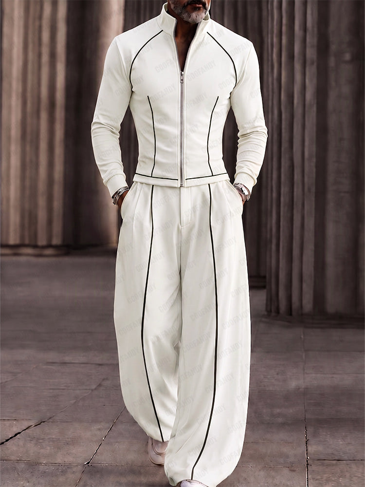 Fashion Contrast Stripe Mock Neck Matching Set