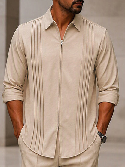 Casual Front Pleated Zip-Up Shirt Pants Set
