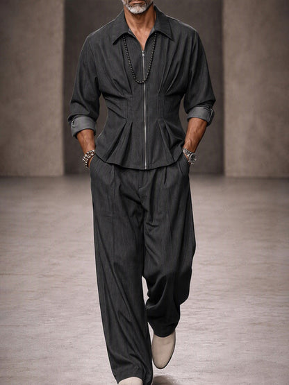 Modern Tailored Waist Faux Denim Shirt Set
