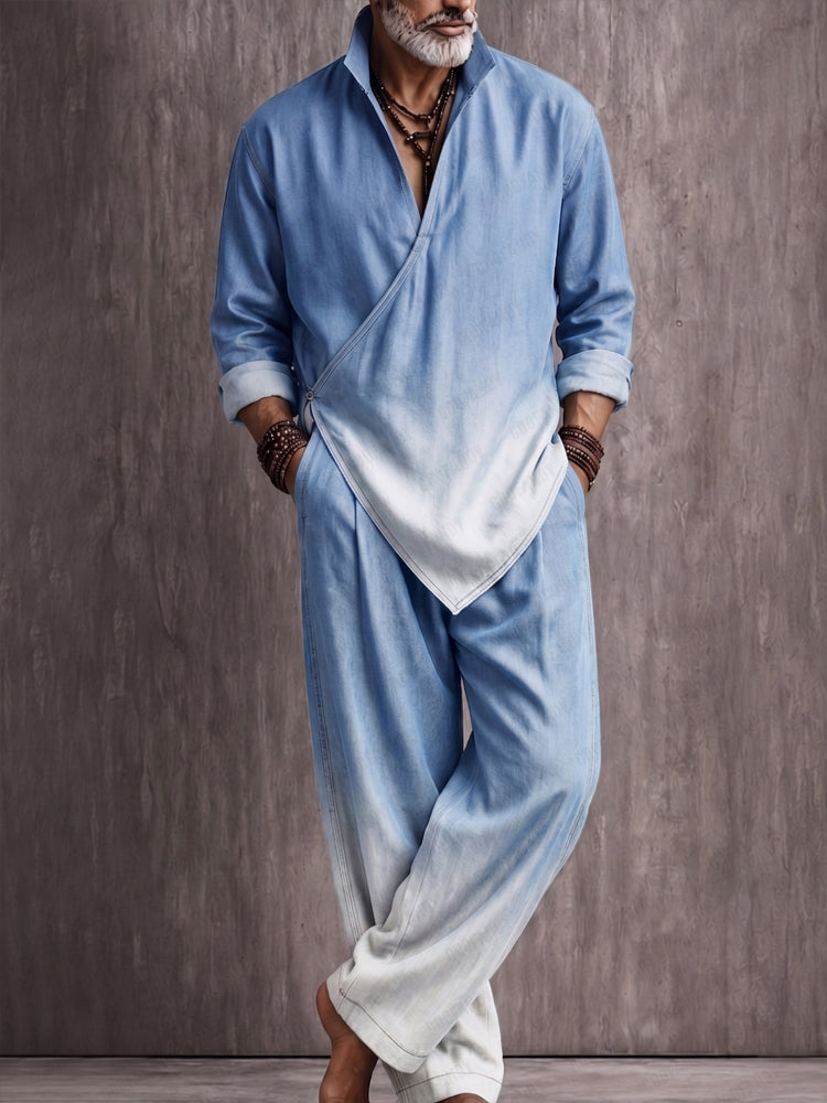 Casual Loose Asymmetrical Hem Wrap Shirt Set