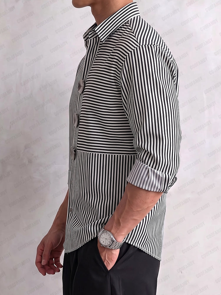 Fashion Striped Patchwork Shirt with Oversized Button Detail