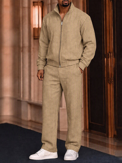 Vintage Plaided Jacket Pants Tracksuit Set