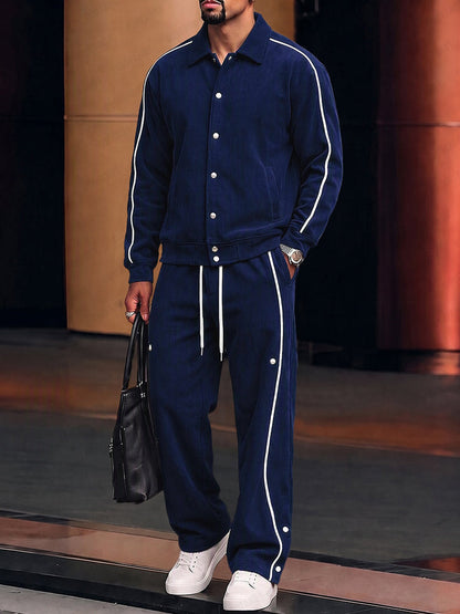 Casual Contrast Piping Corduroy Jacket Pants Set