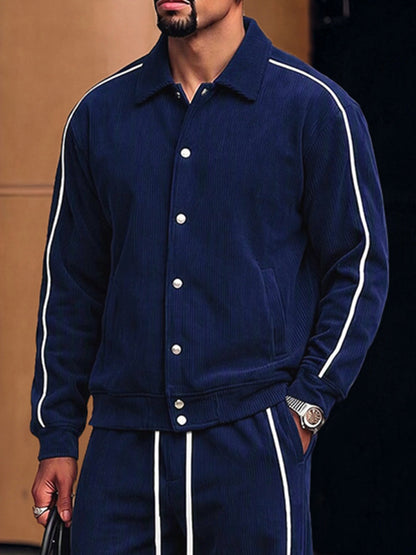 Casual Contrast Piping Corduroy Jacket Pants Set