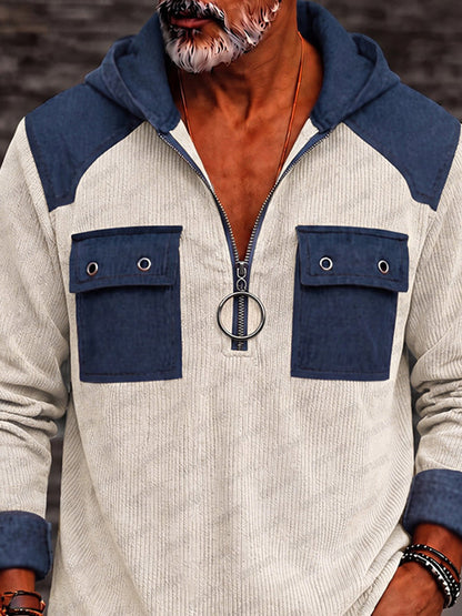 Utility Faux Denim Patchwork Knit Hoodie