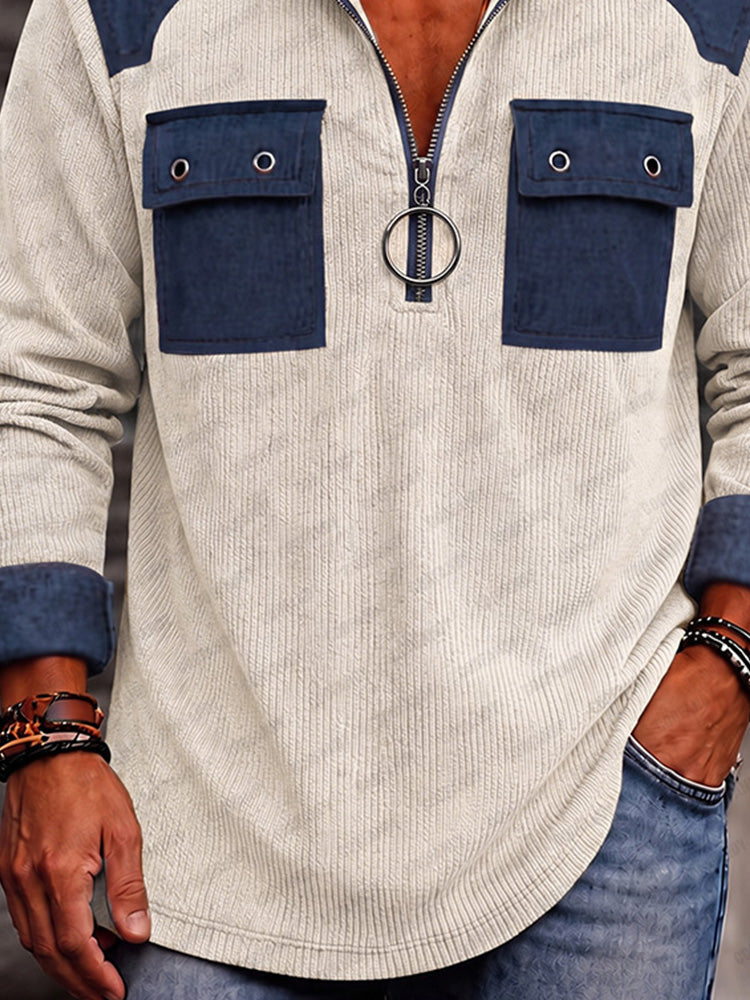Utility Faux Denim Patchwork Knit Hoodie