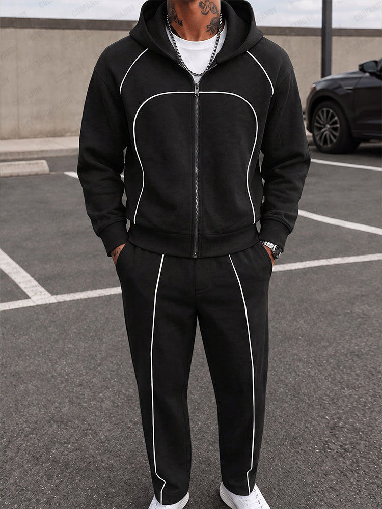 Casual Contrast Piped Zip-Up Hoodie Set