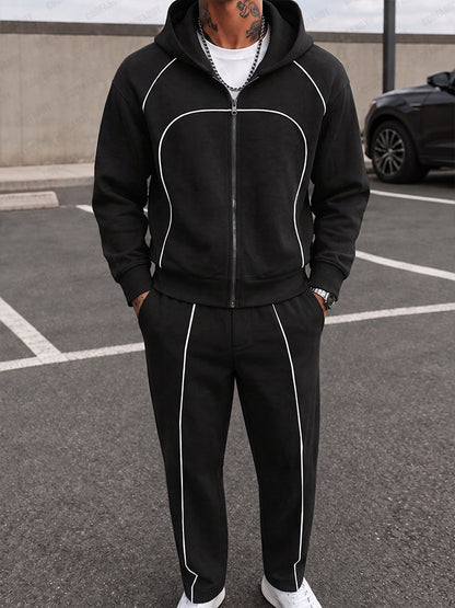 Casual Contrast Piped Zip-Up Hoodie Set