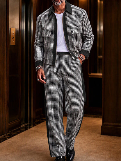 Modern Faux Suede Trim Houndstooth Co-Ord Set