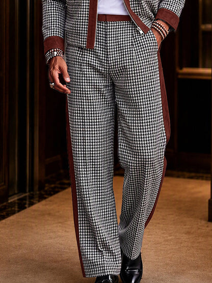 Modern Faux Suede Trim Houndstooth Co-Ord Set