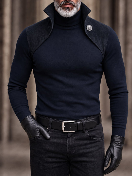 Gothic Faux Suede Panel Turtleneck Slim Fit Top