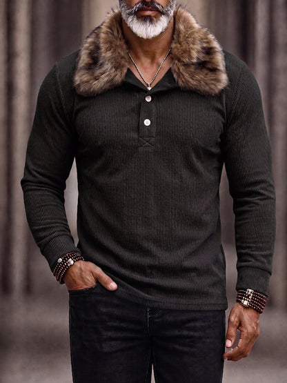 Refined Faux Fur Collar Corduroy Polo Shirt