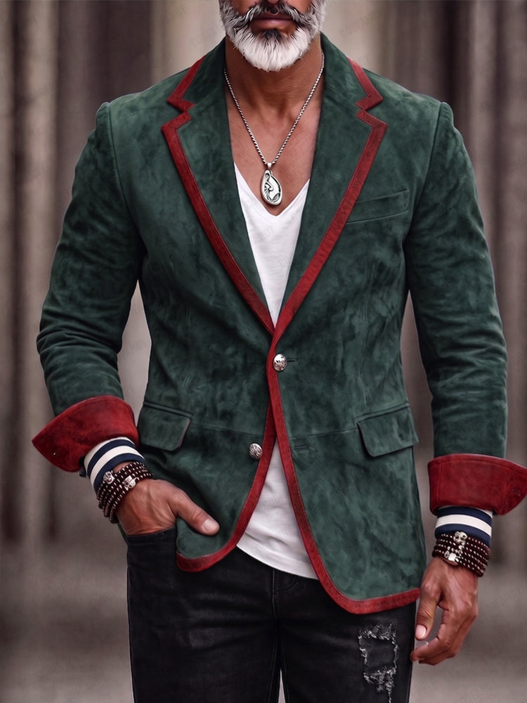 Vintage Contrast Trim Faux Suede Blazer