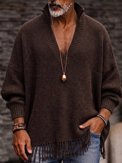 Vintage V-Neck Fringe Hem Knit Sweater