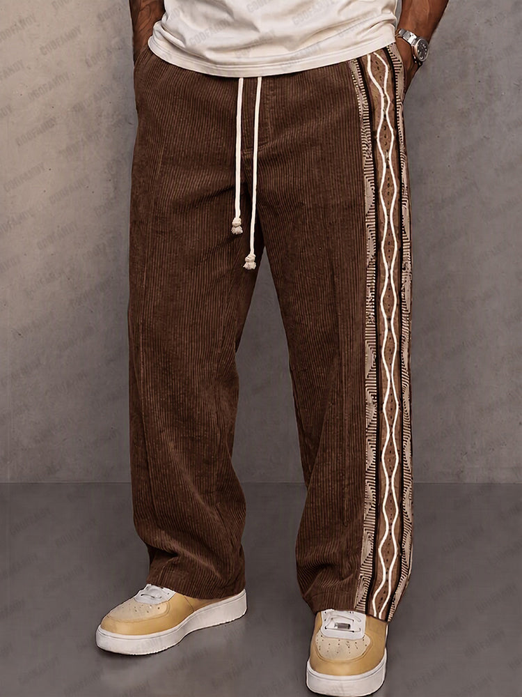 Casual Tribal Print Panel Corduroy Drawstring Pants