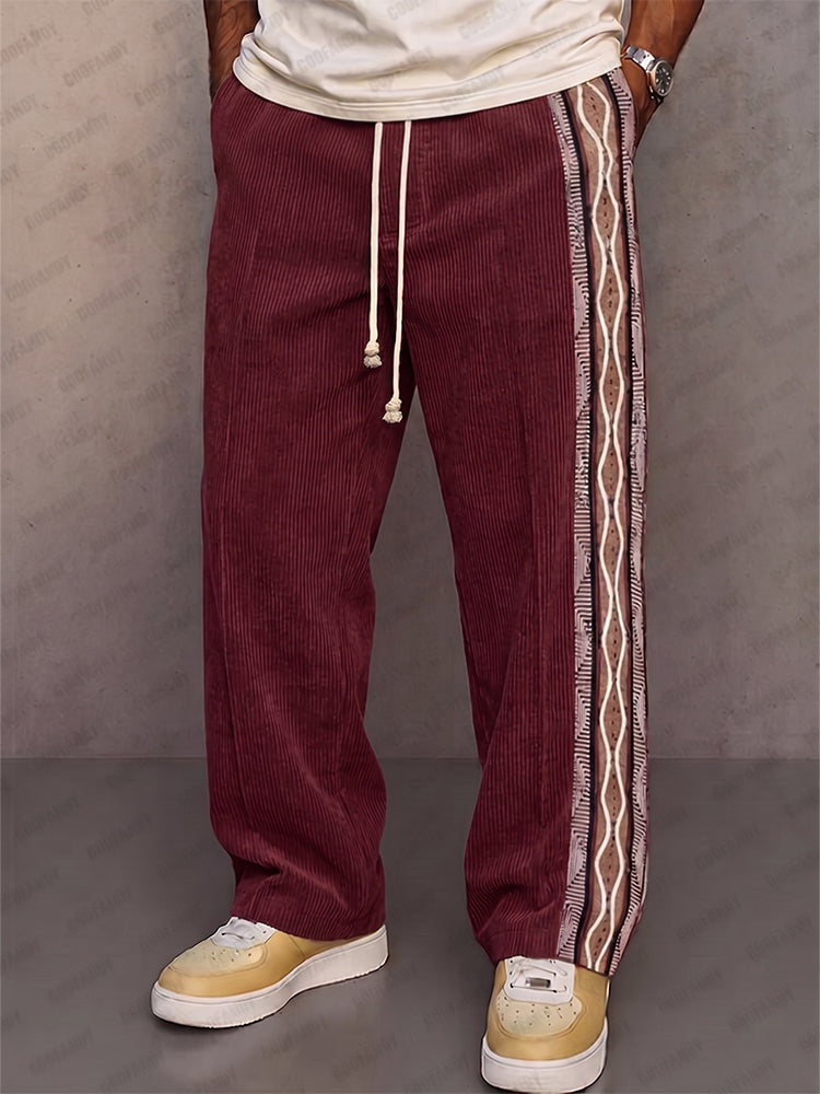 Casual Tribal Print Panel Corduroy Drawstring Pants