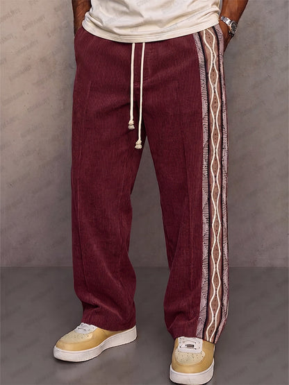 Casual Tribal Print Panel Corduroy Drawstring Pants