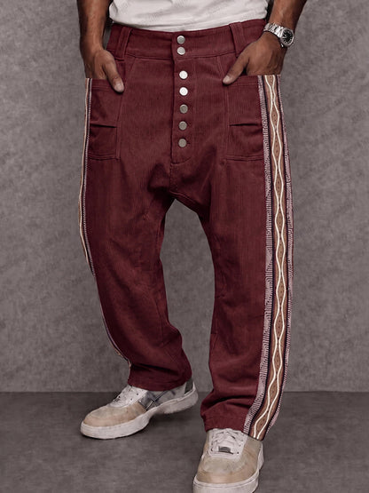 Corduroy Tribal Print Panel Drop Crotch Pants
