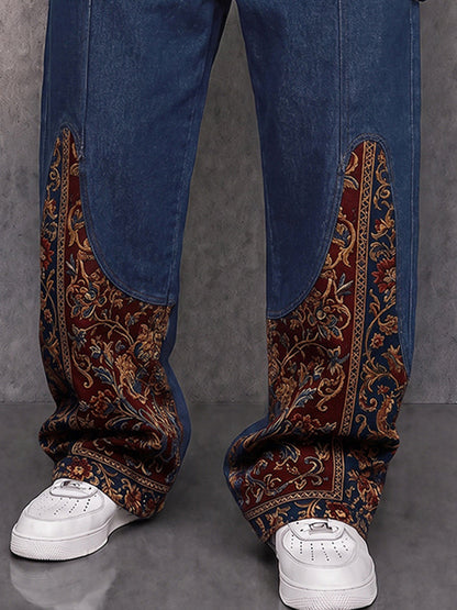 Denim-look Paisley Patchwork Drawstring Pants