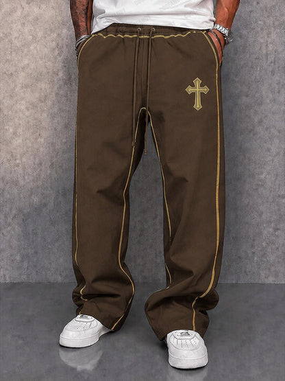 Casual Cross Embroidered Drawstring Pants