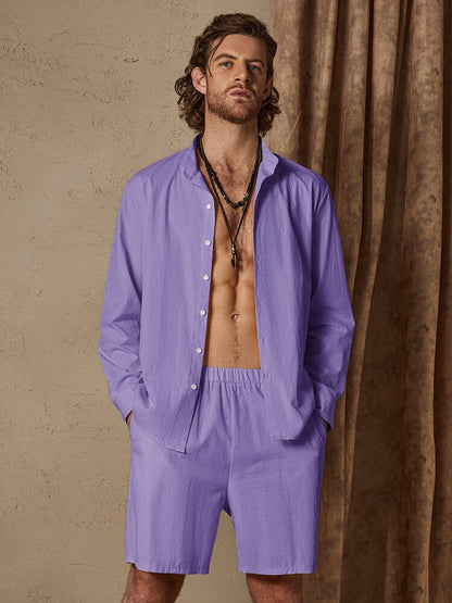 Casual Solid Color Cotton Linen Beach Shirt Set