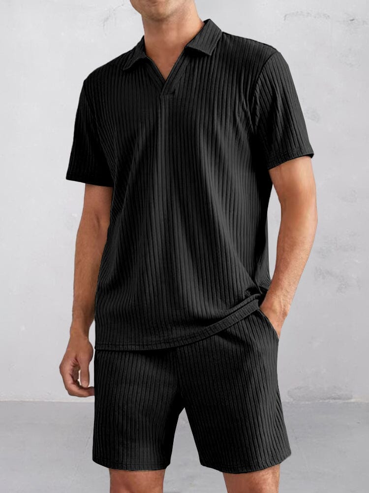 Casual Striped Textured Polo Shirt Set