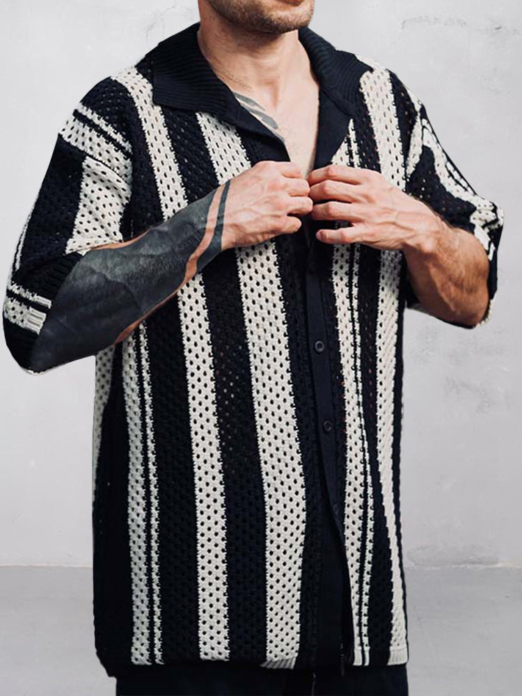 Vertical Stripe Mesh Knitted Shirt