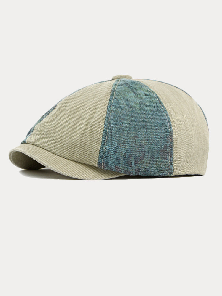 Bicolor Patchwork Washed Cotton Newsboy Cap