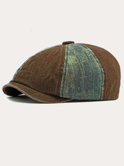 Bicolor Patchwork Washed Cotton Newsboy Cap