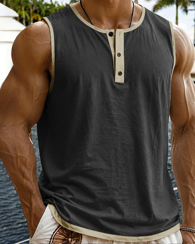 Men's Relaxed Contrast Trim Henley Sleeveless Tank Top