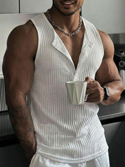Casual Sporty Vertical Ribbed Henley Tank Top