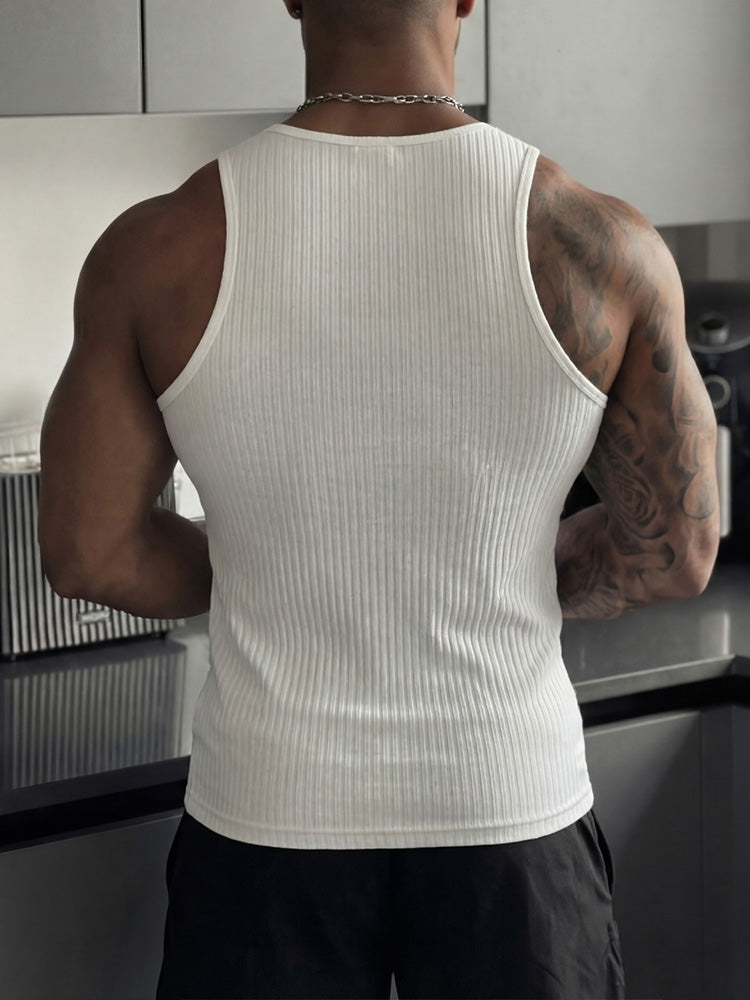 Casual Sporty Vertical Ribbed Henley Tank Top