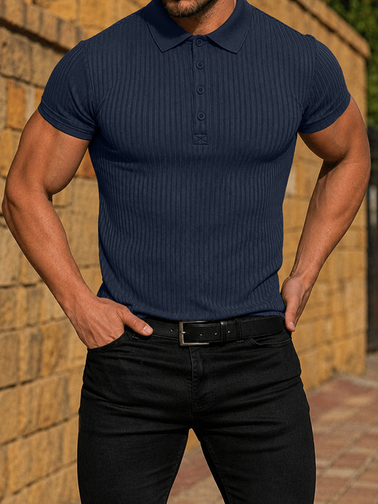 Men's Slim Fit Ribbed Knit Short Sleeve Polo Shirt