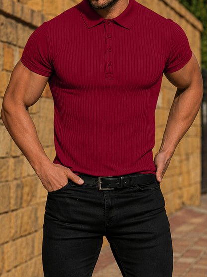 Men's Slim Fit Ribbed Knit Short Sleeve Polo Shirt