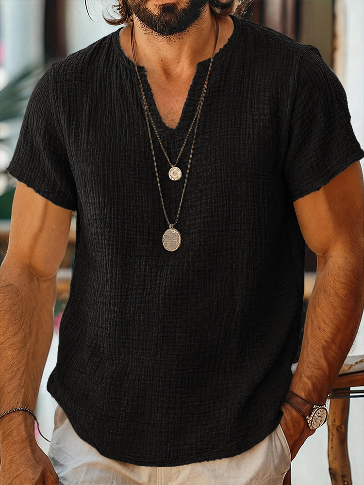 Short Sleeve Raw Edge Textured Double Gauze Casual Beach Tee