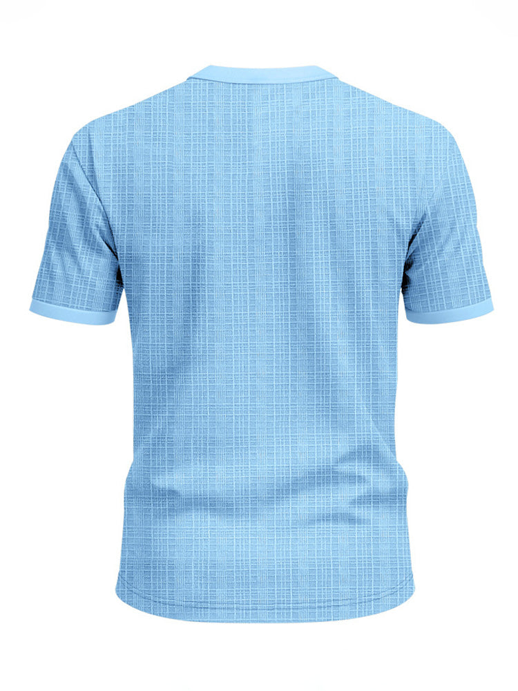 Short Sleeve Three-Button Placket Banded Collar Textured Grid Knit Casual Tee