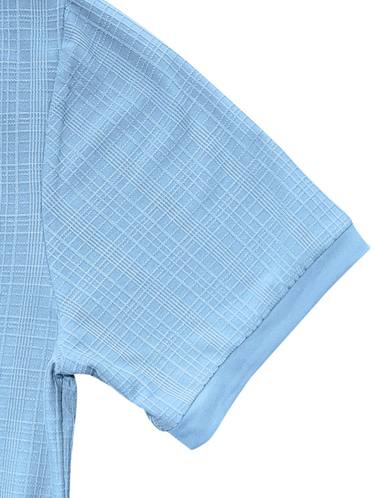Short Sleeve Three-Button Placket Banded Collar Textured Grid Knit Casual Tee