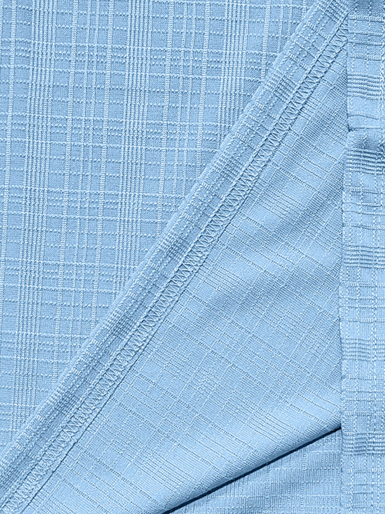 Short Sleeve Three-Button Placket Banded Collar Textured Grid Knit Casual Tee