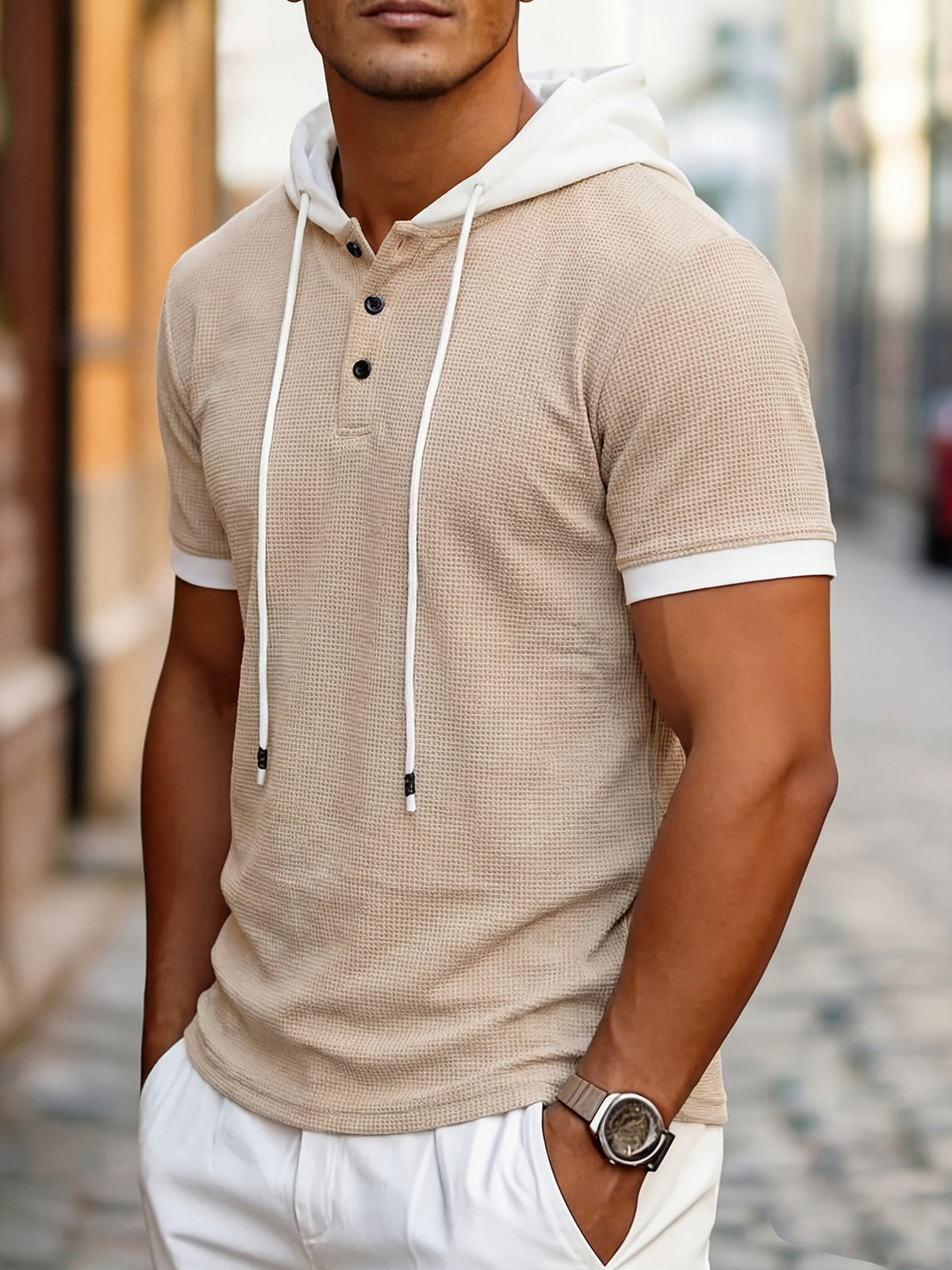 Short Sleeve Contrast Waffle Knit Casual Drawstring Tee