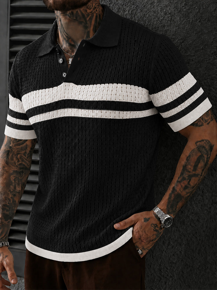 Openwork Mesh Button Collared Casual Polo Shirt