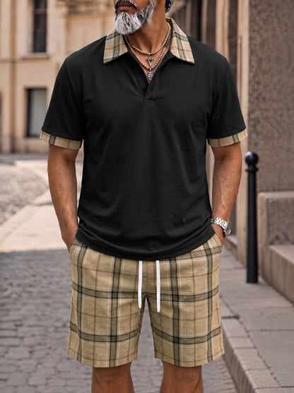 Men's Contrast Collar Plaid Polo Shorts Set