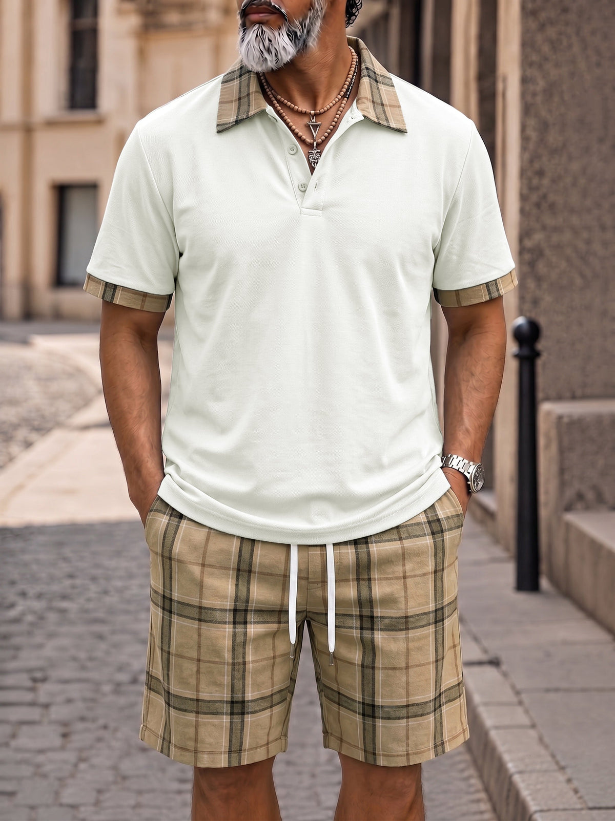 Men's Contrast Collar Plaid Polo Shorts Set