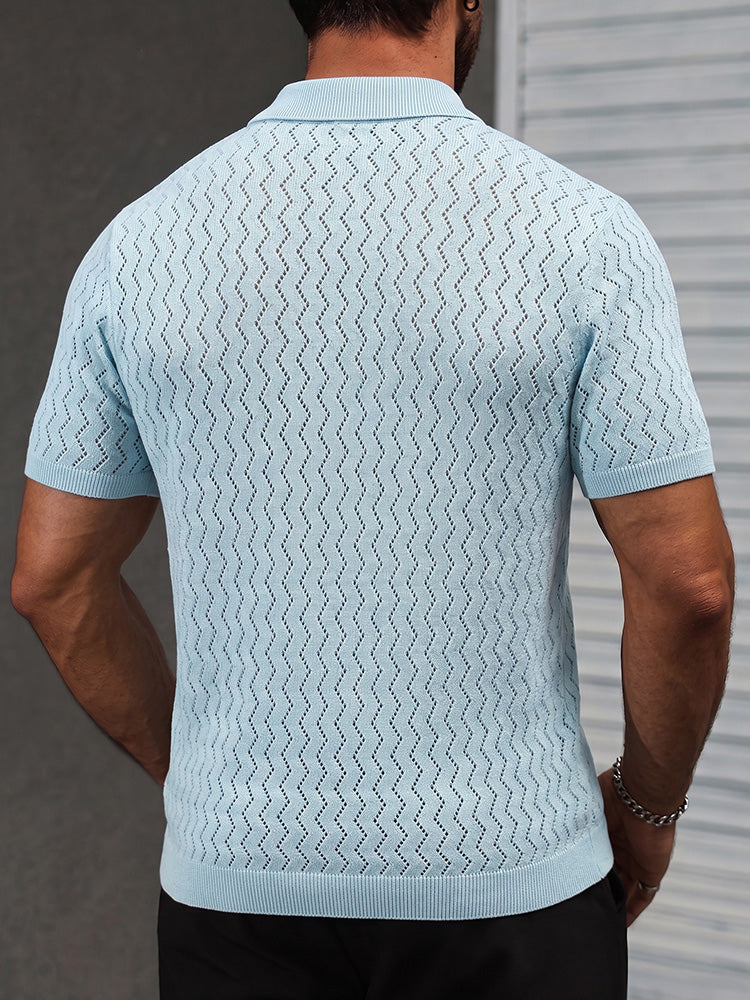 Buttonless V-Neck Wavy Openwork Casual Business Tee