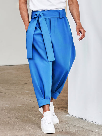 Belted Pleated Wide Leg Cropped Dress Harem Pants