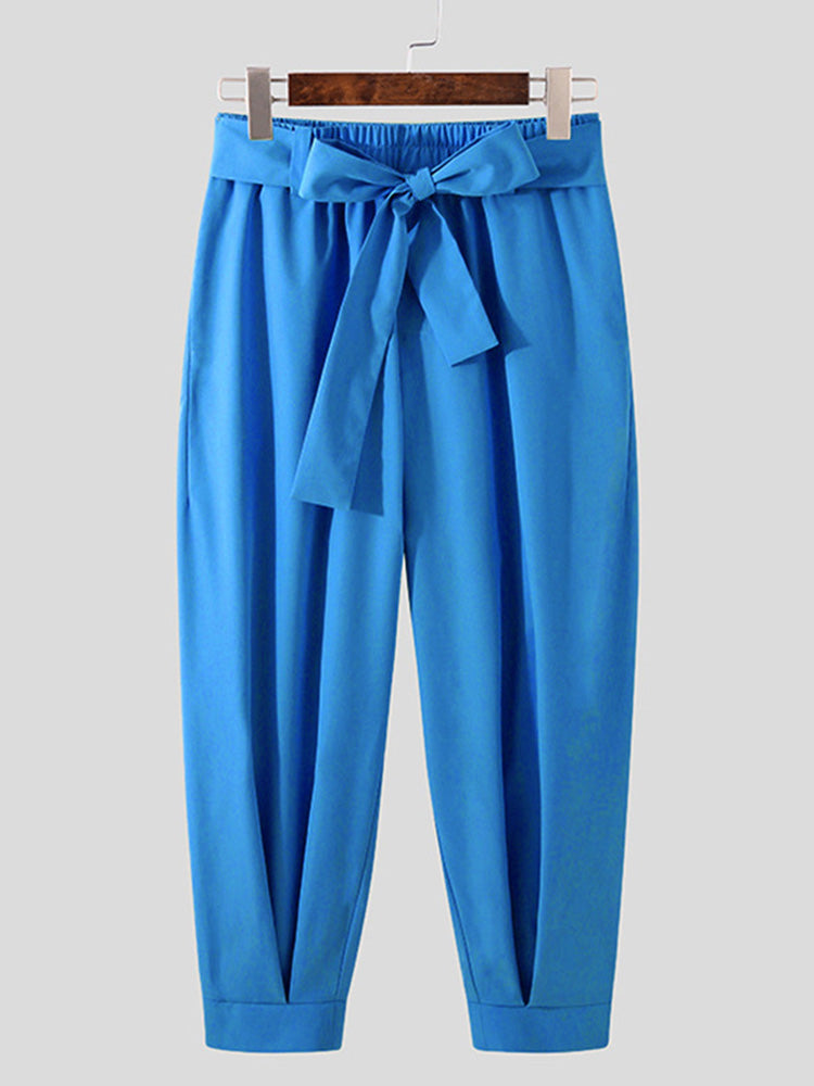 Belted Pleated Wide Leg Cropped Dress Harem Pants