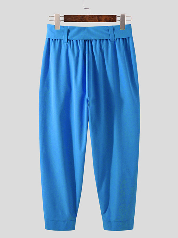 Belted Pleated Wide Leg Cropped Dress Harem Pants