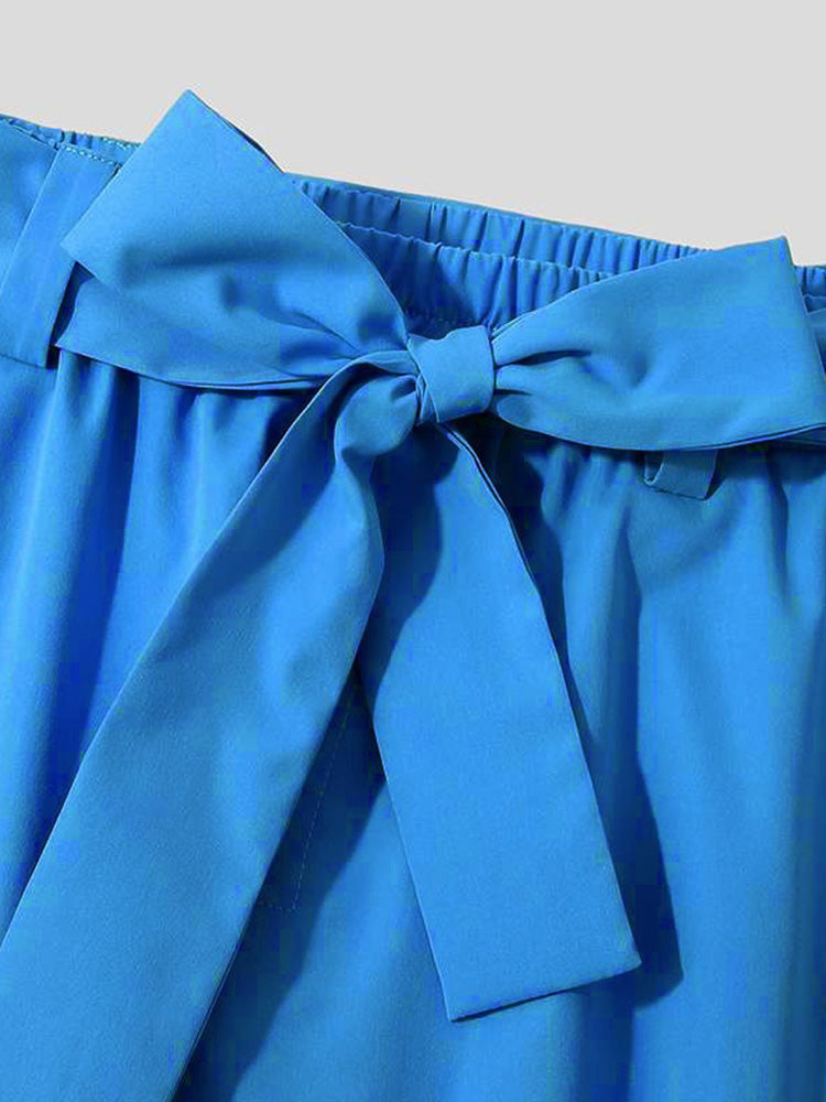 Belted Pleated Wide Leg Cropped Dress Harem Pants