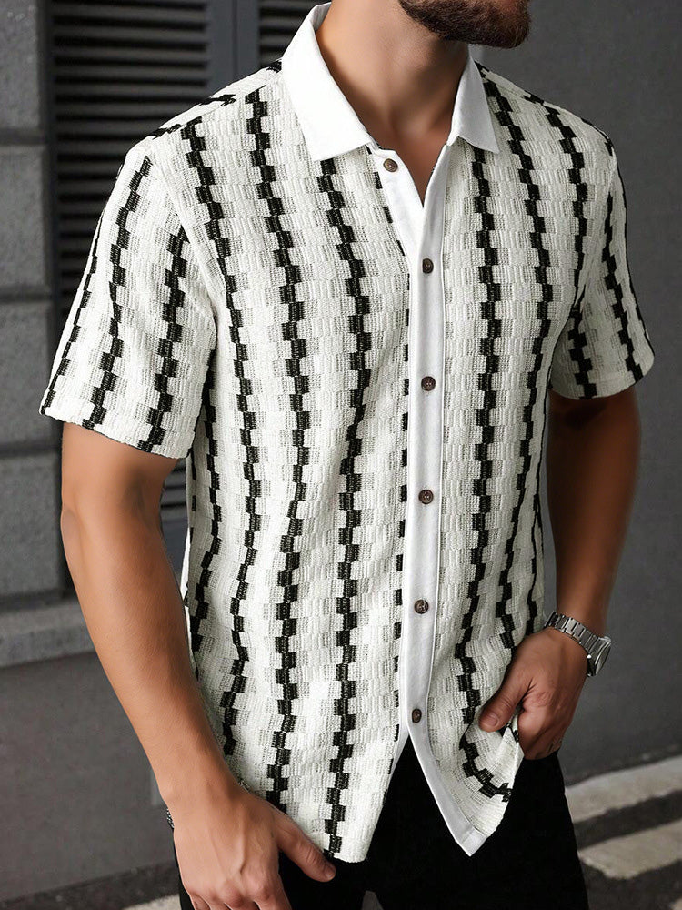 Cuban Collar Textured Stripe Short Sleeve Shirt