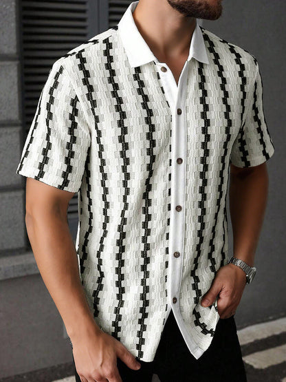 Cuban Collar Textured Stripe Short Sleeve Shirt