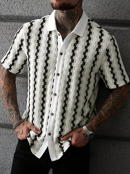 Cuban Collar Textured Stripe Short Sleeve Shirt